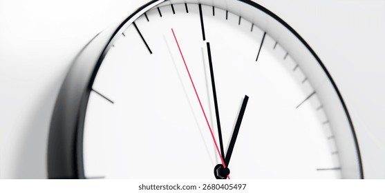 3D clock on light grey wall, minimalistic design background, time concept. Clock features black hour and minute hands, with striking red second hand indicating the precise time.