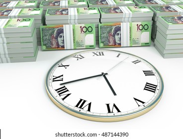 3D Clock On Piles And Stack Of Australia Money