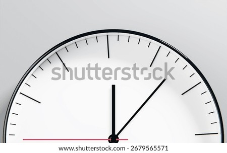 3D clock on a white wall, minimalistic design background, time concept. Clock features black hour and minute hands, with striking red second hand indicating the precise time.