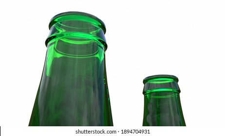 3D close up render of the top of two green long-neck beer bottles