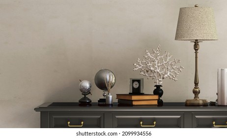 3D Close Up, An Antique Brass Table Lamp With Linen Cloth Lampshade Stand Next To Some Books And House Decor Item On A Classic Black Wooden Console Table. Empty Blank Concrete Wall In Background. 