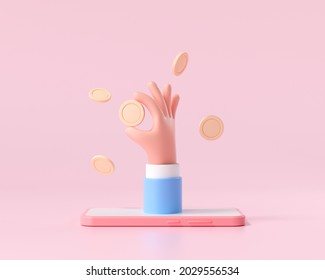 3D Closeup cartoon handhold coin on a smartphone, money-saving, online payment, and money investment concept. 3d render illustration
