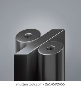 3D close-up of a metallic percent symbol in dark chrome finish, representing interest rates, discounts, or financial indicators in a sleek and futuristic style.