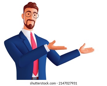 3d Closeup Portrait Of Smiling Positive Funny Man In Glasses Wearing A Blue Suit, Red Tie Showing You Way, Pointing Hands To Empty Copy Space For Advertising. Minimal Style. 3d Render.