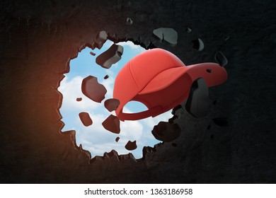 3d closeup rendering of red baseball cap punching hole in black wall with sky peeking through. Headwear. New collection. Active lifestyle.