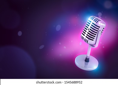 3d close-up rendering of shiny metal microphone on purple bokeh background with copy space. Sound equipment. Concert tour announcement. Song contests. - Powered by Shutterstock