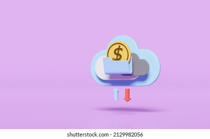 3d Cloud Folder With Arrow, Money Coin Isolated On Purple Background. Cloud Storage Download, Upload, Data Transfering, Datacenter Connection Network Concept, 3d Render Illustration