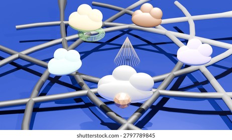 3D Cloud Grid Network and Global Cyber Infrastructure Concept. A high-angle 3D illustration representing a cloud computing infrastructure. Multiple colorful pastel clouds float above a complex, interconnected grid of silver metallic pipes and network pathways. Featuring wireframe geometric shapes like cones and toruses at the center, this abstract render visualizes data transmission, telecommunication grids, global server networks, internet routing, and distributed database systems on a solid blue background.
