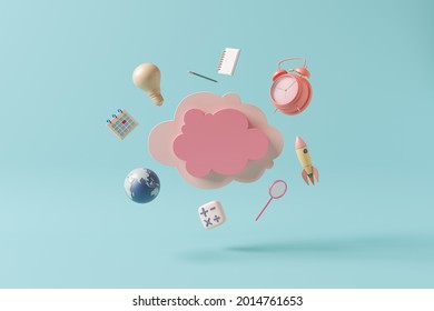 3d Cloud Pink Shape Text Box Kid Cute Imagine Creative Alarm Clock Globe Rocket Light Bulb Pencil And Calculator Pastel Connected World Online Technology Object Of Learning Education. 3D Illustration.