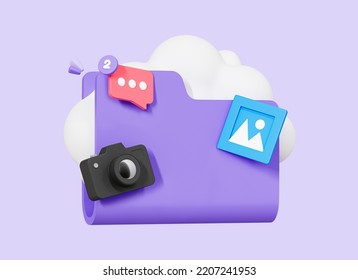 3D Cloud Storage With Digital Data And Files. Upload Photos And Videos To Cloud. Online Organization Service. Download Image. Cartoon Creative Design Icon Isolated On Purple Background. 3D Rendering