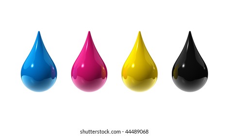 3D Cmyk Ink Drops Isolated On White
