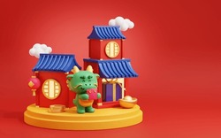 3D CNY Chinese Buildings, Dragon With Red Envelope And Festive Decors On Yellow Podium
