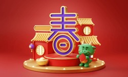 3D CNY Chinese Character, Traditional Buildings And Dragon On Display Podium Against Red Backdrop. Text Translation: Spring.