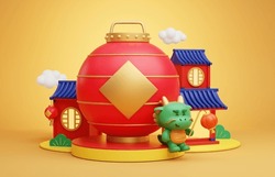 3D CNY Chinese Lantern, Traditional Buildings And Dragon On Display Podium Against Yellow Backdrop.