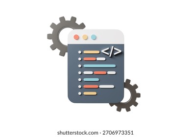 3d coding window with gears icon. development automation concept. Minimal cartoon code window dev panel backend for developer tools banner. isolated on white background. 3d render.