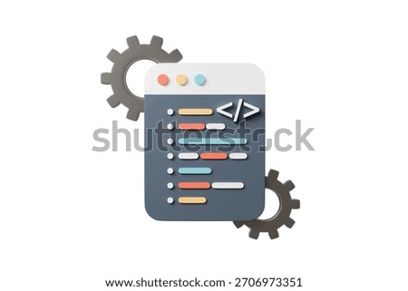 3d coding window with gears icon. development automation concept. Minimal cartoon code window dev panel backend for developer tools banner. isolated on white background. 3d render.