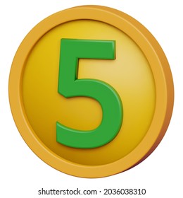 3D Coin With The Number 5. Money Currency 3D Illustration.