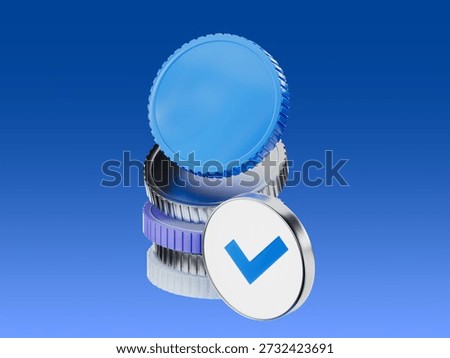 3D coins stack with checkmark icon representing successful profit accumulation and financial goal approval