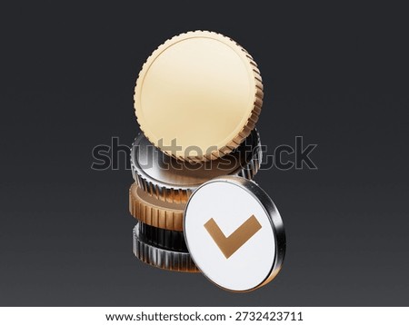 3D coins stack with checkmark icon representing successful profit accumulation and financial goal approval