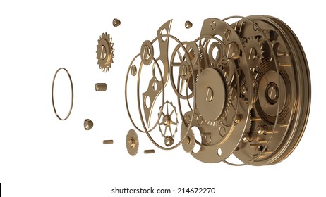 3D collection of gold objects. watch mechanism isolated on white background. High resolution 