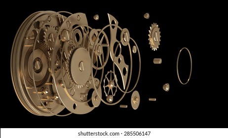 3D collection of gold objects. watch mechanism isolated on black background. High resolution