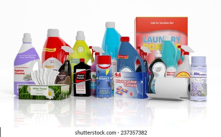 3D Collection Of Household Cleaning Products Isolated On White Background 