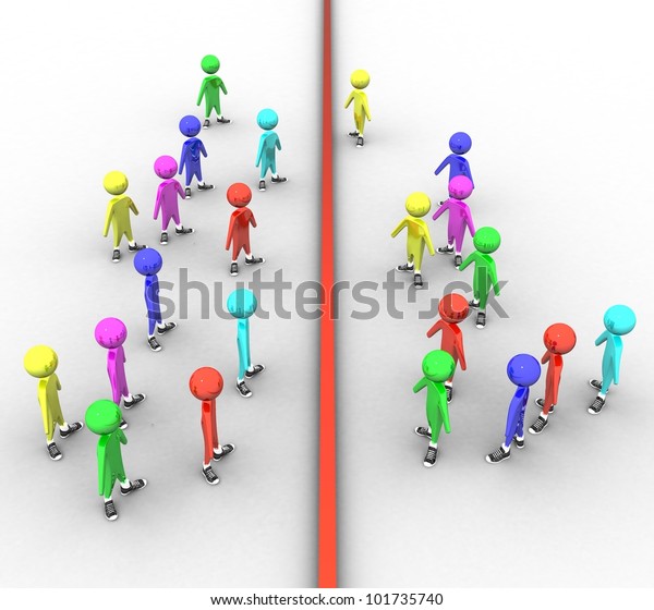 3d colored people on white background with a\
dividing line