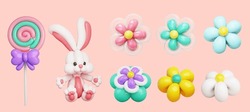 3D Colorful Balloon Art With Lollipop, Bunny And Flowers Isolated On Light Pink Background. Suitable For Birthday Party And Carnival Event.