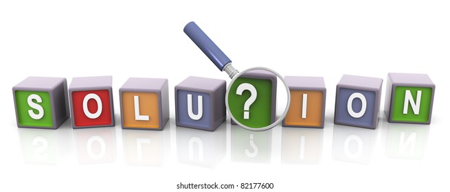 3d colorful text box solution with magnifier glass. Concept of searching solution