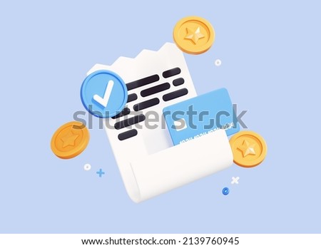 3D Completed payment with bill receipt. Credit card with money coin. Online payment concept. Approved transaction. Paying taxes and invoice. Cartoon icon isolated on blue background. 3D Rendering