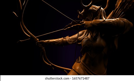 3D composite illustration of Elven Ranger with bow and arrow in an action shot. Sculpture. 3D rendering. Art