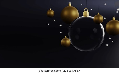 3D composition, rendering. Christmas decorations, golden balls. Transparent glass ball. Text template
