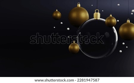 3D composition, rendering. Christmas decorations, golden balls. Transparent glass ball. Text template