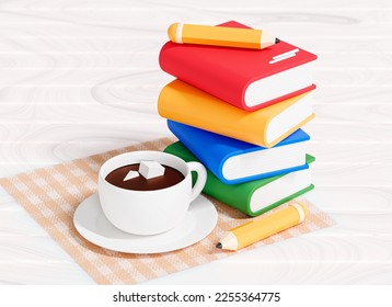 3D Composition with stack of books, coffee cup and pencil. Education concept. Reading books at home. Home library. Exam preparation. Cartoon creative design illustration. 3D Rendering