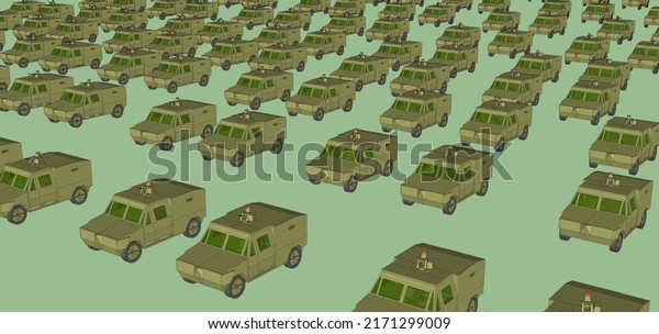 3D, computer\
generated image of a huge stock of military armored vehicles ;\
these scout cars feature a khaki camouflage and a weapon station\
mounted on a turret, above the\
roof