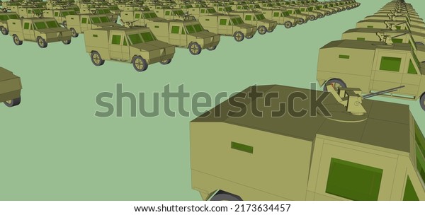 3D, computer\
generated image of a huge stock of military armored vehicles ;\
these scout cars feature a khaki camouflage and a weapon station\
mounted on a turret, above the\
roof