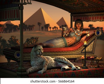 3d computer graphics of an ancient Egyptian lady and a tame cheetah