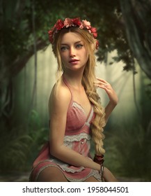 3d computer graphics of a beautiful fairy with a wreath in her hair