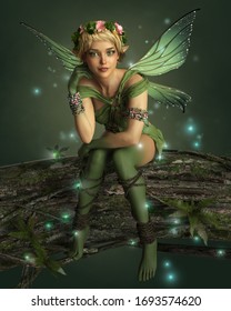 3d computer graphics of a cheeky fairy with wings, wreath and fireflies