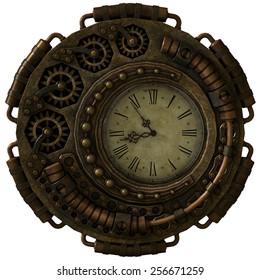 A 3d Computer Graphics Of A Clock In Steampunk Style