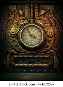 3d Computer Graphics Of A  Clock In Steampunk Style