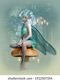 3d computer graphics of a cute fairy with dragonfly wings and antenna sitting on a mushroom