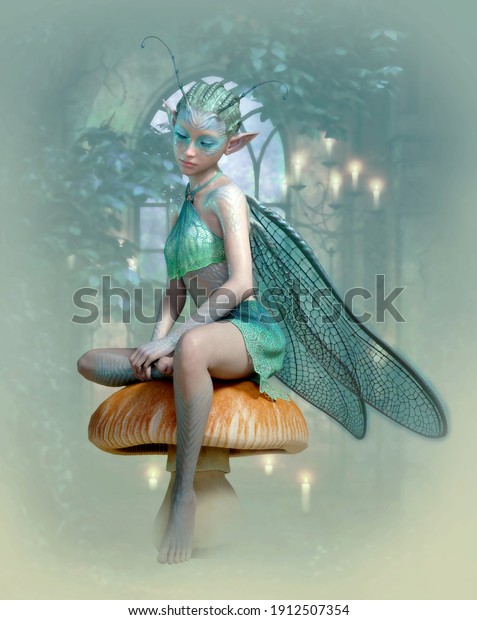3d computer graphics of a cute\
fairy with dragonfly wings and antenna sitting on a\
mushroom