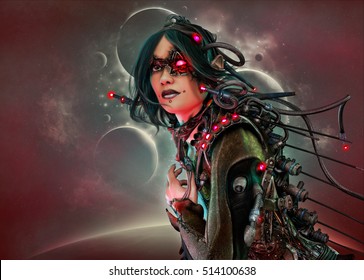 3D Computer Graphics Of A Cyborg Woman With Clothing And Headdress In Science Fiction Style