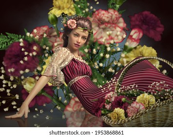 3d Computer Graphics Of An Enchanting Girl With A Basket Of Carnations