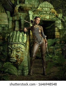 3d computer graphics of a fairy with arrow and bow in front of a temple in the jungle