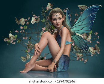 3d computer graphics of a fairy with blue butterfly wings