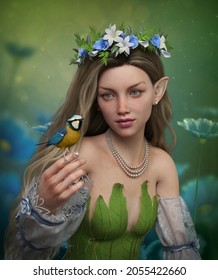 3d computer graphics of a fairy with Blue tit