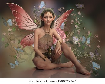 3d computer graphics of a fairy with butterfly wings and lantern