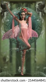 3d computer graphics of a fairy with butterfly wings and a flower headdress